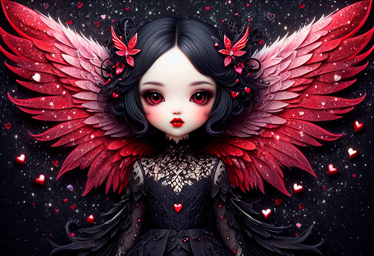 beautiful hyper detailed ultra realistic hyper detailed beautiful dark chibi fairy, shadow woman red lips graphic, dark intricate wings on back, in the style of Charlie Bowater, nicoletta ceccoli , dark  Whimsical, Detailed Fantasy, black lace Background pattern with tiny  3d red and pink hearts, Glitter, White Thorns, Muted Colors, Explosion, Intricate Extremely Detailed, Hyperdetailed, style of monica lee, Hgonzag, Camilla d'Errico Diego Gisbert,Winter wonder land art art, Masterpiece, trending on artstation, featured on pixiv, cinematic composition, 8K