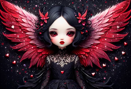 beautiful hyper detailed ultra realistic hyper detailed beautiful dark chibi fairy, shadow woman red lips graphic, dark intricate wings on back, in the style of Charlie Bowater, nicoletta ceccoli , dark  Whimsical, Detailed Fantasy, black lace Background pattern with tiny  3d red and pink hearts, Glitter, White Thorns, Muted Colors, Explosion, Intricate Extremely Detailed, Hyperdetailed, style of monica lee, Hgonzag, Camilla d'Errico Diego Gisbert,Winter wonder land art art, Masterpiece, trending on artstation, featured on pixiv, cinematic composition, 8K