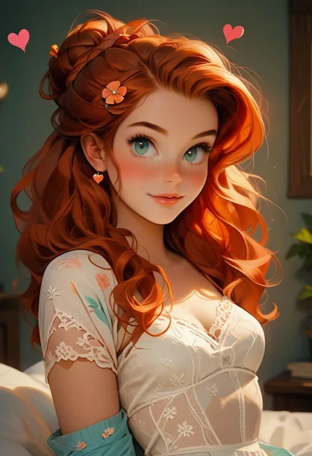 score_9,score_8_up, score_8, perfect cute face, perfect eyes, perfect hands, perfect feet, (PG-rated) 1girl, sexy 24yo redhead, freckles, updo bun, sexy pose, teasing, rompers with thigh high lace stocking and cute mules, medium perfectly round breasts, looking directly at viewer, hourglass body,highest quality,yuri-style, cute, hearts, bright colours, candy, hands behind back