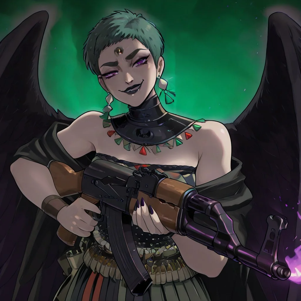 masterpiece, best quality, newest, absurdres, highres, HadesCharacterArtstyle-IL-V1.0, 1girl, Eris-ILV1.0, short hair, Purple eyes, green hair, jewelry, earrings,
eyliner, makeup, lipstick, black lips, wings, black wings,
weapon, holding weapon, smug, smile, ak-47, assault rifle, aiming