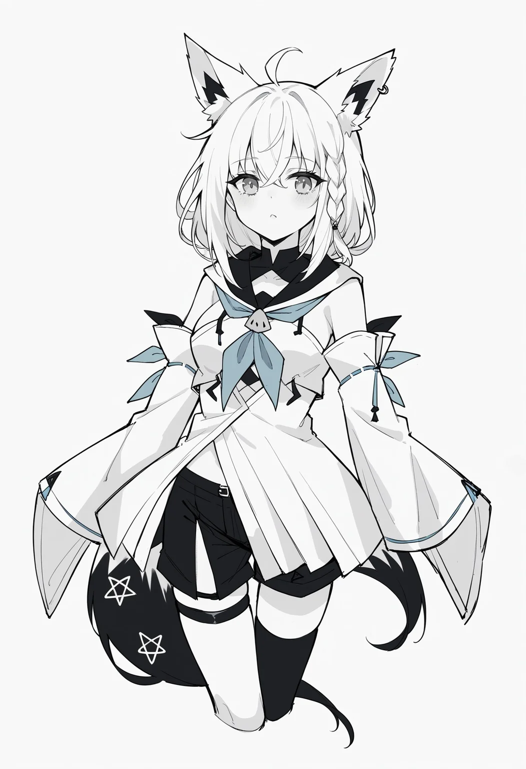 score_9, score_8_up,score_7_up, source_anime,pencil drawing,sketch, fubuki, white hair, single side braid, ahoge, piercing, fox tail, pentagram, fubukibase, white blouse, detached sleeves, black shorts, blue neckerchief, thigh strap, single thighhigh, white hair, single side braid, ahoge, piercing, fox tail, pentagram, monochrome,
<lora:Potat-pencil_drawing_sketch_v1-USENEG:-1.15>
<lora:fubukiXL:0.8>