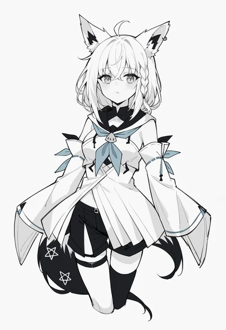 score_9, score_8_up,score_7_up, source_anime,pencil drawing,sketch, fubuki, white hair, single side braid, ahoge, piercing, fox tail, pentagram, fubukibase, white blouse, detached sleeves, black shorts, blue neckerchief, thigh strap, single thighhigh, white hair, single side braid, ahoge, piercing, fox tail, pentagram, monochrome,
<lora:Potat-pencil_drawing_sketch_v1-USENEG:-1.15>
<lora:fubukiXL:0.8>