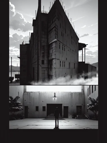 house facade , vast scenery, heavy black and white, dim light, photorealistic, 185mm f/1. 4 iso 100, cinematic 8k, cinematic hbo, crisp quality and light reflections, backlighting, colorgrading, post-processing, full hd, 8k ultra high definition real-time path tracing (Masterpiece:1.3)<lora:Blame!:1>