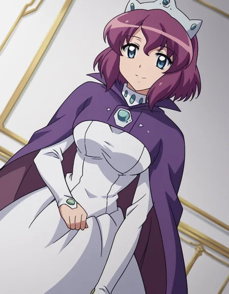 score_9, score_8_up, score_7_up, source_anime,
henriettadetristain, <lora:henrietta-de-tristain-s3-ponyxl-lora-nochekaiser:1>,
henrietta de tristain, short hair, blue eyes, purple hair,
long sleeves, hat, dress, cape, tiara, crown, purple cape, white dress, long sleeves,
indoors, bent over, smile,
looking at viewer, cowboy shot, solo, dutch angle