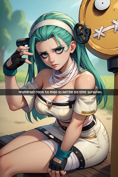 score_9, score_8_up, score_7_up, BREAK, 1girl, solo,  breasts,  <lora:snapchat-guy-PONYv1:.95>, snapchat, <lora:ggstrive_aba_ponyXL:1> striveaba, white hairband, object through head, white crop top, off shoulder, short sleeves, black gloves, fingerless gloves, white skirt, bandages, bandaged neck, bare shoulders, midriff, cleavage, outdoors, sitting,