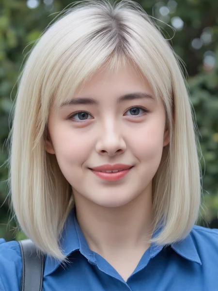 a woman, white hair, blue shirt, light smile, portrait, blurred background