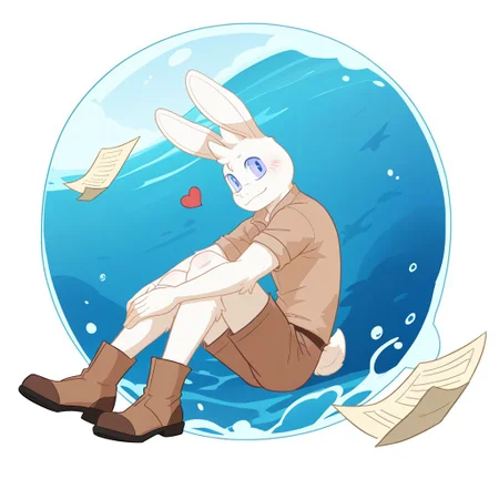 1 male, solo, skybun, anthro bunny, white fur, light blush, ocean , water splashes, blue eyes,genshinsplash, white background, splash art, smiling, brown shorts, brown boots, brown shirt, genshin impact hydro vision next to his pocket, full body, he is hugging his legs, sitting, sitting in the air, floating, many papers floating around in the background, he is inside a bubble, red hearts surrounding him, full body, BREAK, high quality, best quality, newest, furry male, side view , looking at viewer