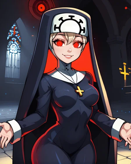 Double,light smile,glowing red eyes,
skin tight, standing, hips,
blue habit,cross necklace,long sleeves,nun,
church,red lighting,dim lighting,
<lora:Double:0.9>,