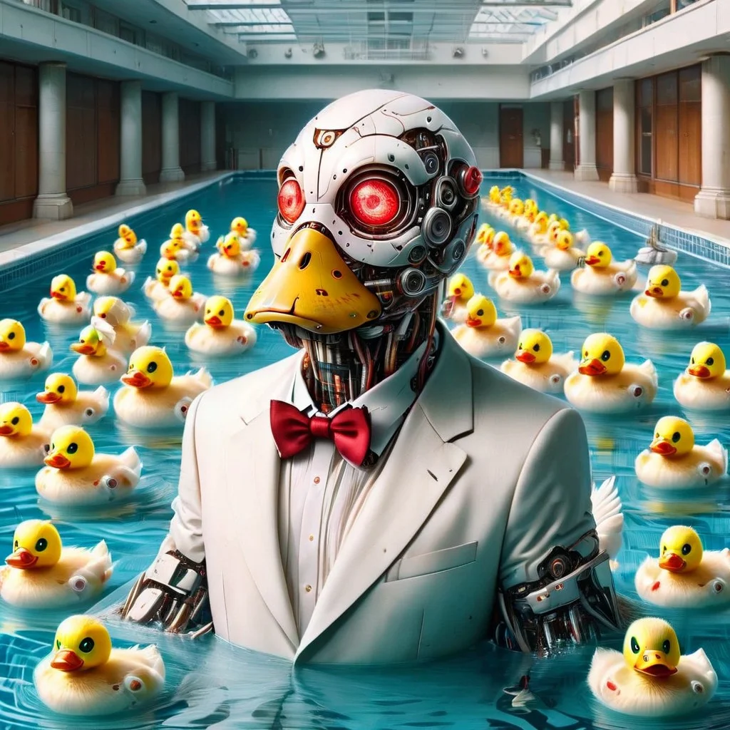 Duck cyborg, red feather wings,DuckiferXL, ais-rbts, green head, happy, cute