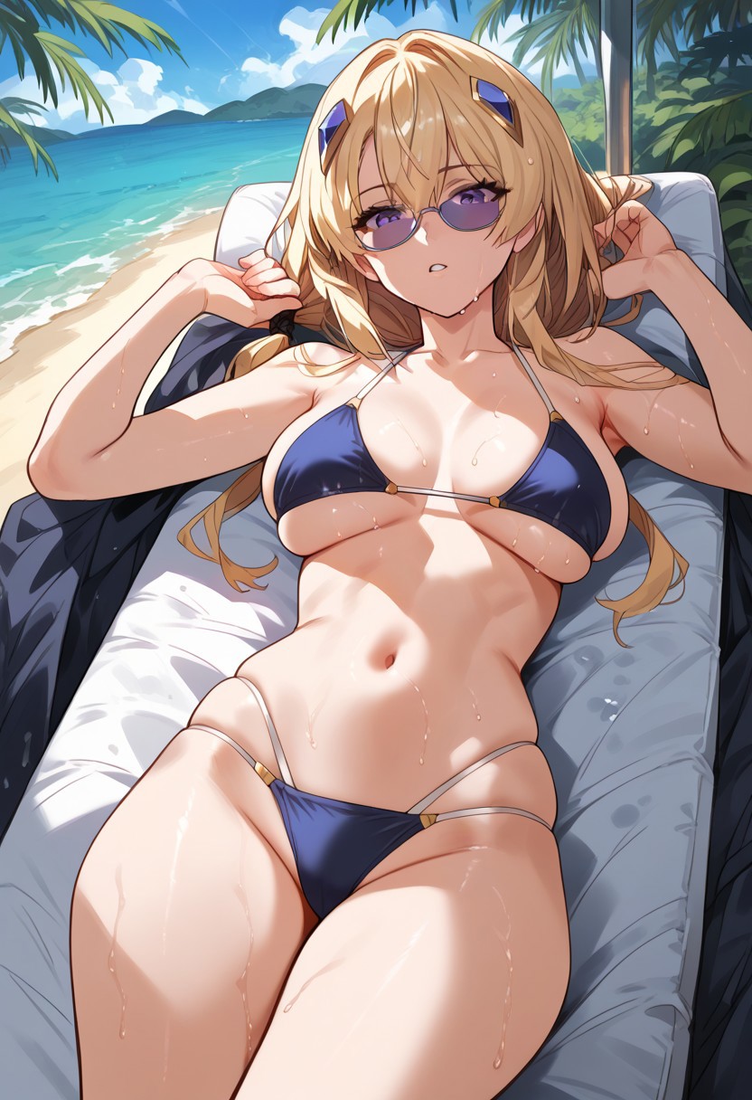 zPDXL3, score_9_up, score_8_up, score_7_up, (Anime_source), 1girl, Ines, purple eyes, blonde hair, long hair, low tie ponytail, wet, cowboy shot, looking at viewer, parted lips, light blush, palm trees, (bikini, lying on chaise lounge), black theme, sunglasses