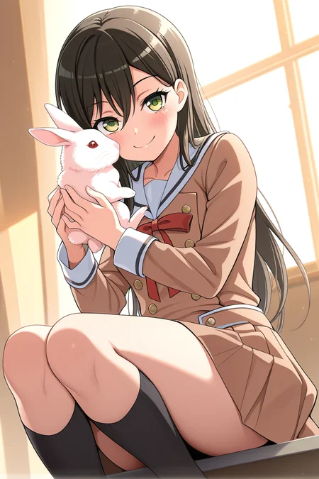masterpiece, best quality, amazing quality,
 <lora:Tae_IL:1> tae, 1girl, long hair, hanasakigawa school uniform, rabbit, school uniform, holding animal, smile, green eyes, holding, kneehighs, solo, double-breasted, buttons, animal, looking at viewer, long sleeves, socks, bangs, brown dress, sailor dress, blush, dress, black socks