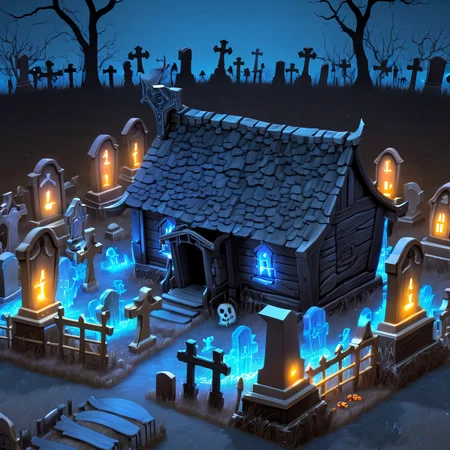 ((masterpiece, best quality)), absurdres, Isometric_Setting, old wooden shack, spooky graveyard, graves, glowing blue lights,
<lora:Stylized_Setting_SDXL:1.0>