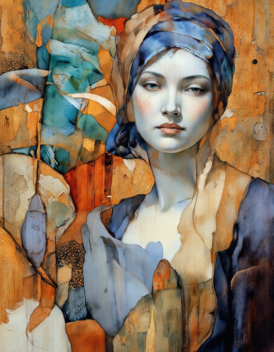 . A vibrant, abstract painting of a woman's face and upper body, with a blend of blue, orange, yellow, and green hues. the woman is depicted in profile, with her head turned slightly to the side, and her eyes are looking directly at the viewer. she has a serene expression and is wearing a turban on her head. the background is composed of abstract shapes and colors, including blues, greens, yellows, and oranges, which create a sense of depth and dimension. the painting is highly detailed and expressive, with the woman's facial features and clothing being the main focus of the composition. the style is reminiscent of modern abstract art, with bold brushstrokes and vibrant colors that bring the scene to life. the overall effect is one of tranquility and serenity.