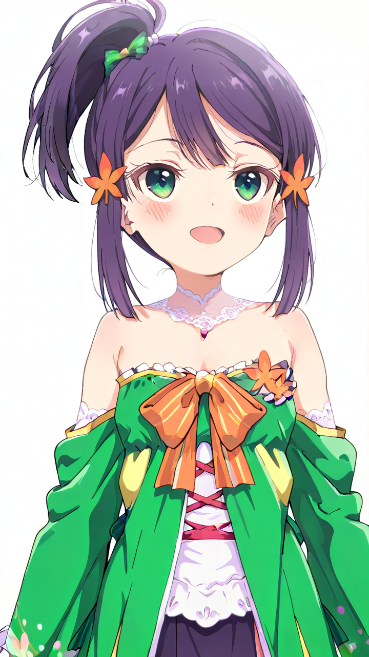 white_background,simple background,1girl,solo,full_shot,looking_at_viewer,blush,anime screenshot,sincos,<lora:Kaede_Illustrious_v15:1>,Kaede,looking_up,Kaede-idol,:d,green bow,, masterpiece, best quality