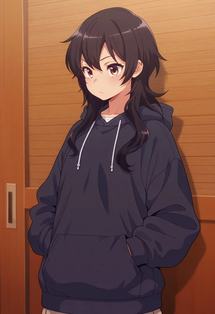 masterpiece,best quality,amazing quality, ameku takao, long hair, black hair, brown eyes, 1girl, solo, hood, hoodie, hands in pockets