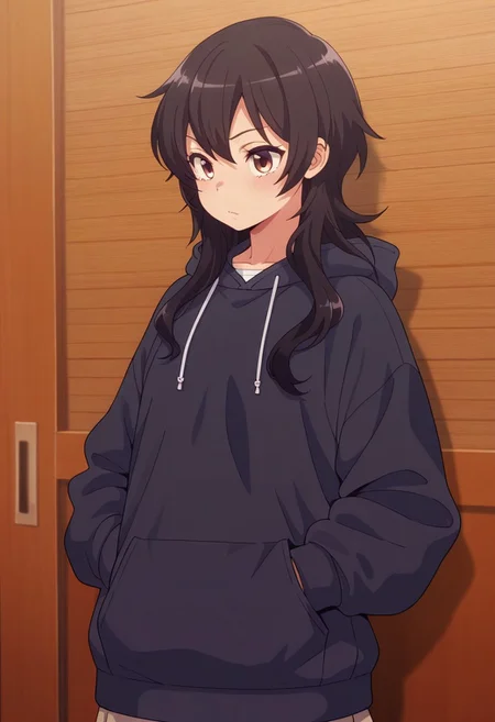 masterpiece,best quality,amazing quality, ameku takao, long hair, black hair, brown eyes, 1girl, solo, hood, hoodie, hands in pockets