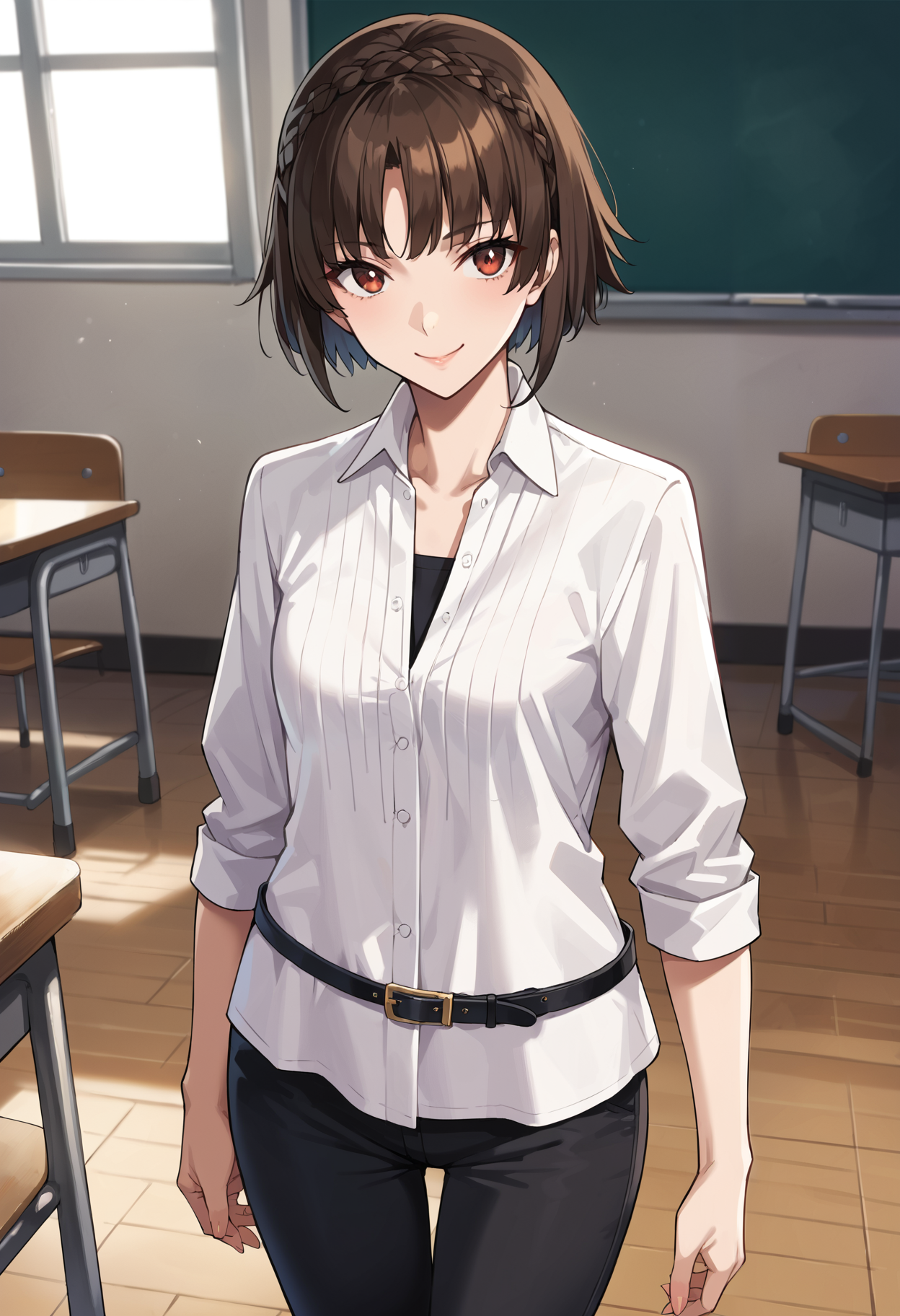 score_9, score_8_up, source_anime
1 girl, solo, cute face,
p5makoto, brown hair, short hair, crown braid,
p5makoto-sumcas, shirtdress, long shirt, white shirt, black pants, capri pants, black belt, thin belt, loose belt, casual, leggings, 
classroom, standing, smile, looking at viewer,
masterpiece, best quality, ultra detailed,