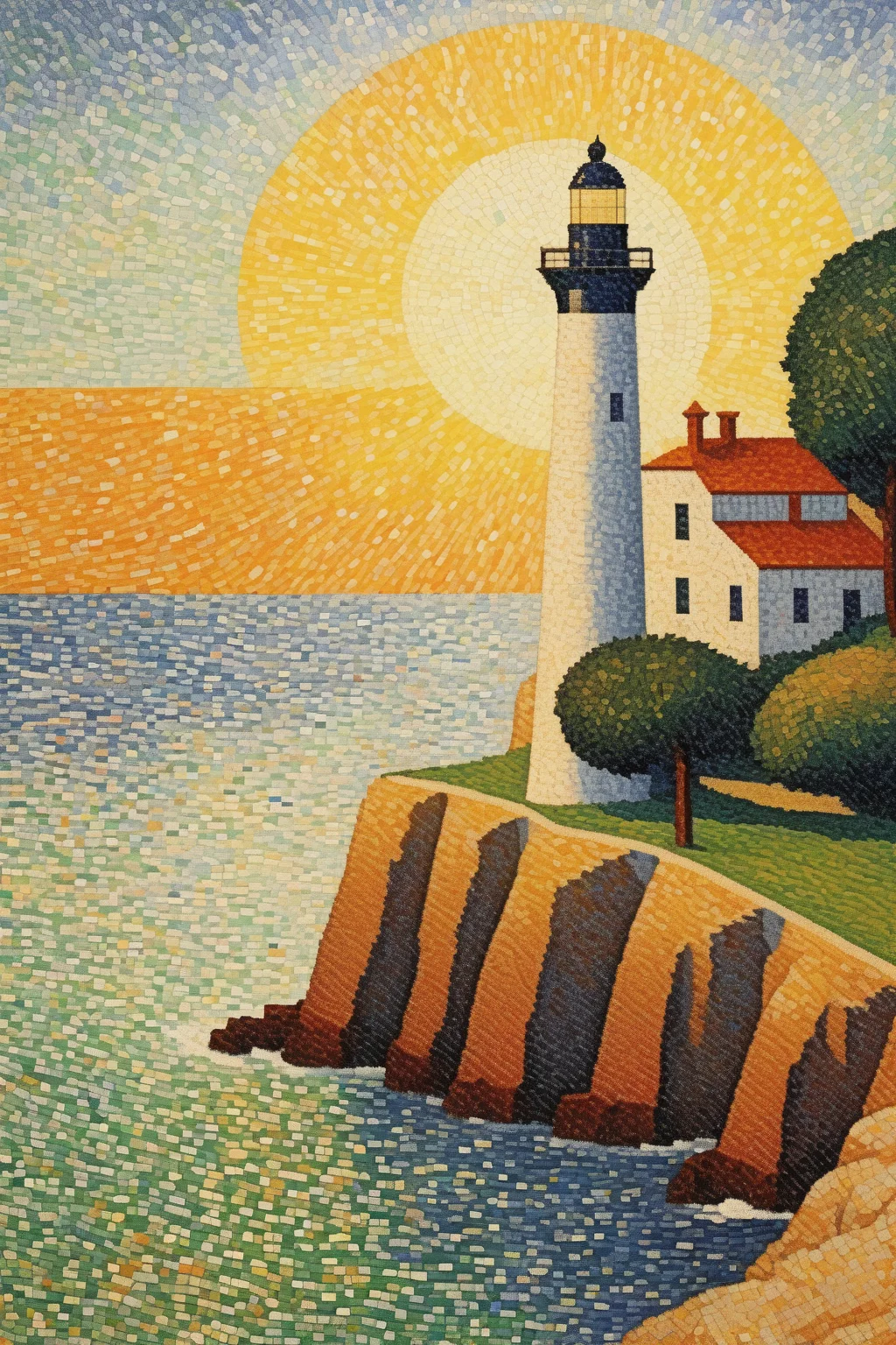 <lora:Paul Signac Style:1>Paul Signac Style - a lighthouse on the side of a cliff overlooking a harbor in the style of seurat