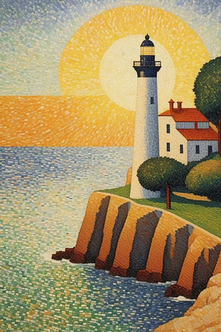 <lora:Paul Signac Style:1>Paul Signac Style - a lighthouse on the side of a cliff overlooking a harbor in the style of seurat