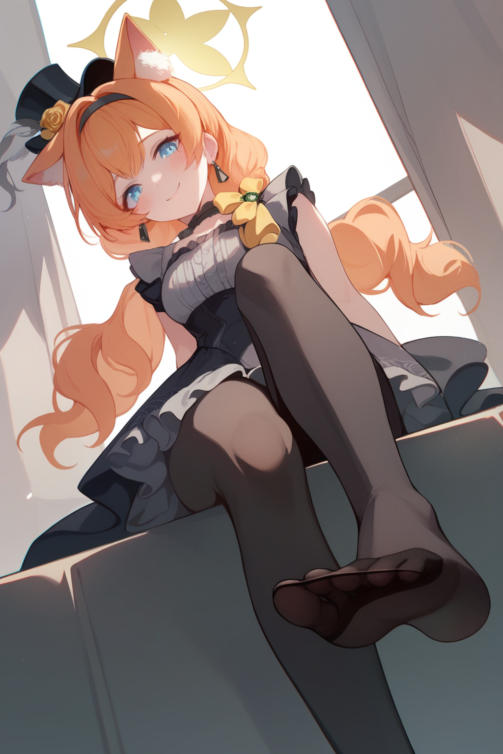 (score_9,score_8_up,score_7_up,),<lora:mari_(idol)-000024>,mari_(idol),orange hair,halo,animal ears,blue eyes,twintails,mini hat,low ponytail,yellow bow,frills,long hair,black pantyhose,black dress,black footwear,sitting,arms_behind_back,from below,foot focus,smile,blush,