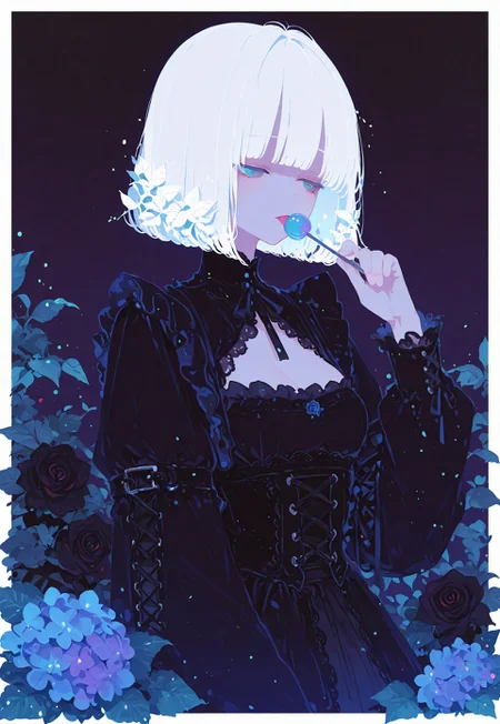 masterpiece, best quality, good quality, newest, highres, absurdres, 

pastel cyan eyes, white hair, bob cut,
victorian black maid dress, frilled skirt, half closed eyes, dazed, emotionless, small breasts, cleavage,

1girl, solo, upper body, roses, hand up, licking lollipop, looking to the side, leaf, red roses, black roses, gradient red background with thick white border,

hydrangea, laced sleeves, Ethereal Brushstroke, Flat vector illustration,