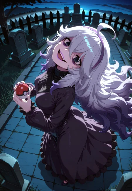 1girl, Shadwo, black eyes, white hair, grey hair, very long hair, messy hair, hair between eyes, ahoge, bags under eyes, gradient hair, multicolored hair, purple highlights, purple tips, purple streaked hair, masterpiece, best quality, absurdres,
(hex maniac dress), long dress, black dress, spiderweb pattern, frilled sleeves, purple hairband, @_@,
purple lipstick, purple lips, long eyelashes, eyeshadow, eyeliner, mascara, purple makeup, purple nails, long nails,
outdoors, nature, graveyard, night, dark environment, spooky, fog,
solo, from side, from above, full body, dynamic pose, looking at viewer, (head tilt), crazy grin, open mouth, holding pokeball, staring, spiral eyes,
intricate, highly detailed, majestic, shallow depth of field, movie still, circular polarizer, moody