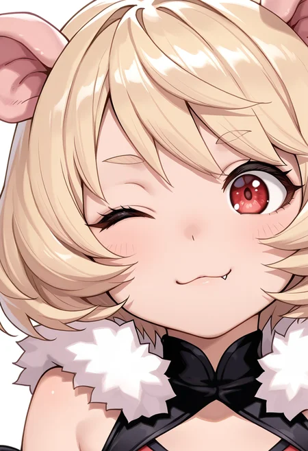 Smooth Quality,masterpiece,beautiful aesthetic, very intricate, high quality details, ultra realistic, high detailed skin
simple background, white background,
;),:3,
(portrait:1.2), close-up, 
 <lora:Young_Pauvinacnn:0.8>  youngpauvina/cnn, 1girl, animal ears, short hair, fang, detached sleeves, navel,pig ears,blonde hair, baggy shorts, red eyes,sandals,
