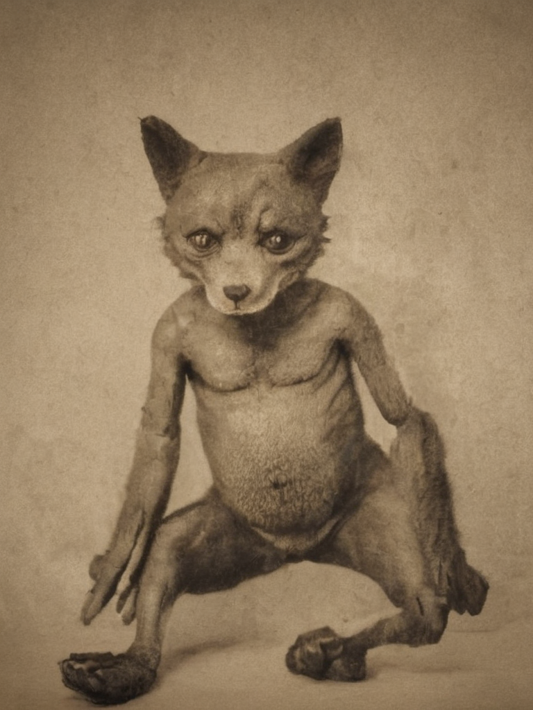 rendition, what a interesting and old sepia photographed voodstyle freak-show we have here, featuring wolf that is also a man, deep shadows, digital art, perfect composition , high resolution, low saturation, lowkey, low Contrast, <lora:- SDXL - stnerfx _Stoned_Fox_Style_V4.0:0.3>, <lora:- SDXL - voodstyle_ Voodoofy_V1.0:0.9>