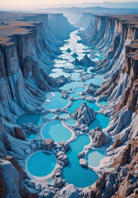 A breathtaking aerial panorama featuring a surreal opal-hued canyon, layered with undulating rock formations and crystalline lakes nestled among ancient stone. Expansive composition, intricate textures, futuristic geometric patterns interwoven with nature's timeless architecture. Dramatic atmospheric twilight with luminous pastel hues, deep shadows and shimmering surfaces. Celestial lighting, cinematic high-altitude framing, bold spatial dynamics, and rich, vibrant colors evoke a dreamlike mastery. Ultra-detailed 8k quality, masterpiece clarity, evocative scale and an ethereal ambiance, visual symphony of natural mystique and futuristic artistry. <lora:Illustration concept V1:0.7> <lora:flux_ptchkrawk:0.6> <lora:RM_JamesJean_v0.5:0.3> <lora:flux_dev:1>