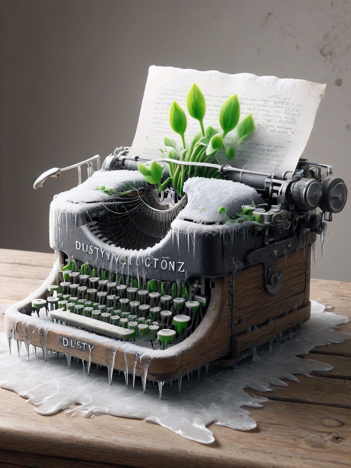 ais-sproutz dusty typewriter on an old oak desk <lora:Sprouting_Spring_SDXL:1>