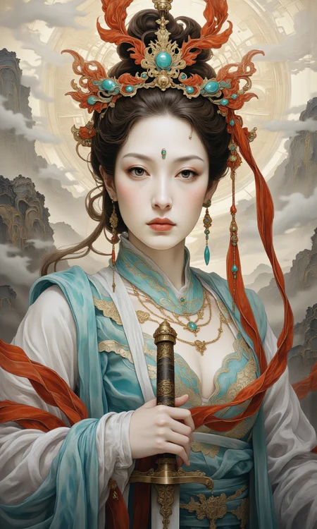 Top Atmosphere Photography Works, extremely realistic, midjourneyv6.1, mythp0rt, Portrait by Dorota Pietrowiak,
masterpiece, best quality, photorealistic, (Extremely realistic, top quality, official art, beautiful and aesthetic:1.2), 4k, 8k, very rich details, close-up,
(1girl/immortal, jewelry, earrings, red lips, long sleeves, chinese clothes, hanfu, hair bun, shawl, ribbon, Phoenix Crown, Biyao, Jade Ornaments, Floral Ornaments, armor, Hair Pin, Hair Comb, Golden Forehead Ornament, Beaded Strands, feathers clothes, cleavage, huge chest) is holding a sword with her right hand, and making a (jianjue/holding the index and middle fingers together with the thumb pressing against the ring finger) with her left hand,
fog, clouds, mountain, floating in mid air, floating in sky, statdust,
very strong contrast, dramatic Lighting,
strong visual contrast, from below, perfect cue,
cinematic film style, special effects, VFX, award-winning picture, highly detailed, ultra-high resolutions, 32K UHD, sharp focus,
(photorealistic:1.5), (Extremely realistic, masterpiece, top quality, official art, best quality, beautiful and aesthetic:1.2), 4k, 8k,
very rich details,