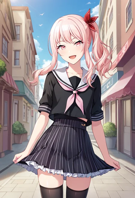 akiyama_mizuki, pink hair, long hair, side ponytail, pink eyes, neckerchief, thighhighs, androgynous, bangs, sidelocks, sailor collar, bow, striped skirt, black thighhighs, school uniform, sekai outfit, white sailor collar, black dress, frilled dress, frills, pink neckerchief,1other, official art BREAK outside, city street, BREAK looking at viewer, sexy face, sexy smile, open mouth, cowboy shot BREAK score_9, score_8_up, score_7_up, source_anime ,zPDXL, perfect hand, <lora:Akiyama_Mizuki:0.8>