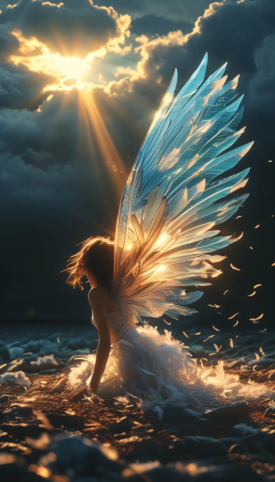 Half transparent wings glowing in darkness, feathers released above the clouds, floating feathers scattered underground, witnessing her wings illuminated by the glaring light of the sun, shedding feathers as they inevitably descend.