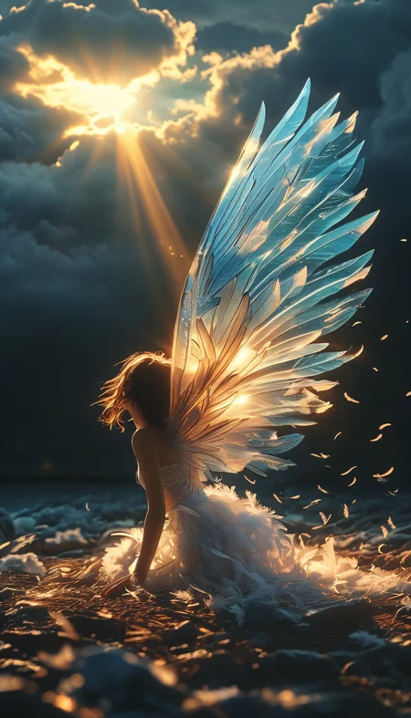 Half transparent wings glowing in darkness, feathers released above the clouds, floating feathers scattered underground, witnessing her wings illuminated by the glaring light of the sun, shedding feathers as they inevitably descend.