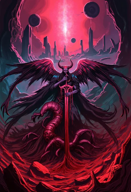 dynamic illustration of an incomplete blood angel in a surreal environment with grotesque biomorphic megastructure ruins and obelisks of stained glass piercing through the sky. The angel has glowing tendrils coming out of its back like wings made of photonic meat. There are colorless discs of pure black darkness with large eyes in their center floating through the air, evoking a menacing impression. The angel is holding a huge serrated sword-like weapon made of translucent materials, pointing it at the meaty sky in a threatening manner. The blade is covered in blood of corrupt creatures visible on the ground in their dismembered parts. The grimdark scenery is accentuated by an eerie red-pink light shining from above. <lora:flux\flux_DepthContrast>