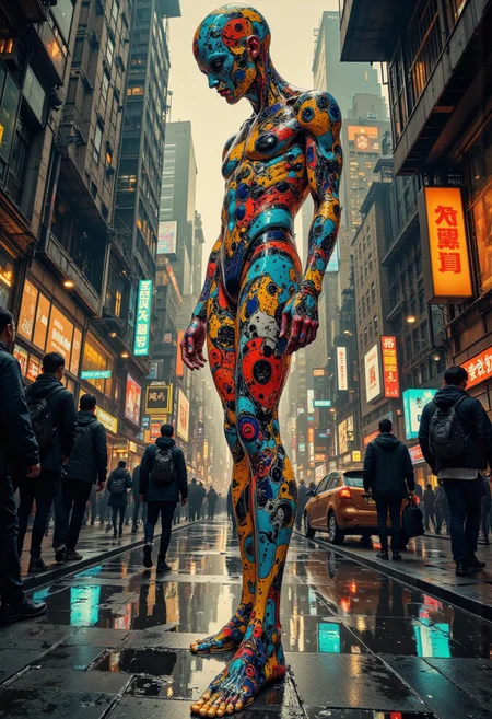 Create photographs that blend surreal artificiality with the vibrant, raw humanity of urban life, where calculated structure meets spontaneous chaos. Capture controlled studio portraits juxtaposed against the layered textures of bustling streets, allowing stiff poses to merge with candid gestures. Use harsh, direct lighting to cast sharp contrasts on natural gestures, while incorporating soft, diffused ambient city light to add a tactile, film-like quality with subtle grain.
Focus on close-up and full-body shots of isolated figures, such as performers frozen mid-action, their forms framed against dynamic backdrops of stark, minimalist walls interwoven with fractal-like reflections in puddles and glass. Play with depth of field to isolate the subject while allowing controlled, repeating patterns to spiral outward in urban textures. Clashing color palettes collide with harmonious hues, blending neon city lights with muted, studio tones. The result is a fragmented narrative where chaos and order coexist, immersing the viewer in a surreal yet emotionally resonant exploration of fractal design within both natural and controlled environments