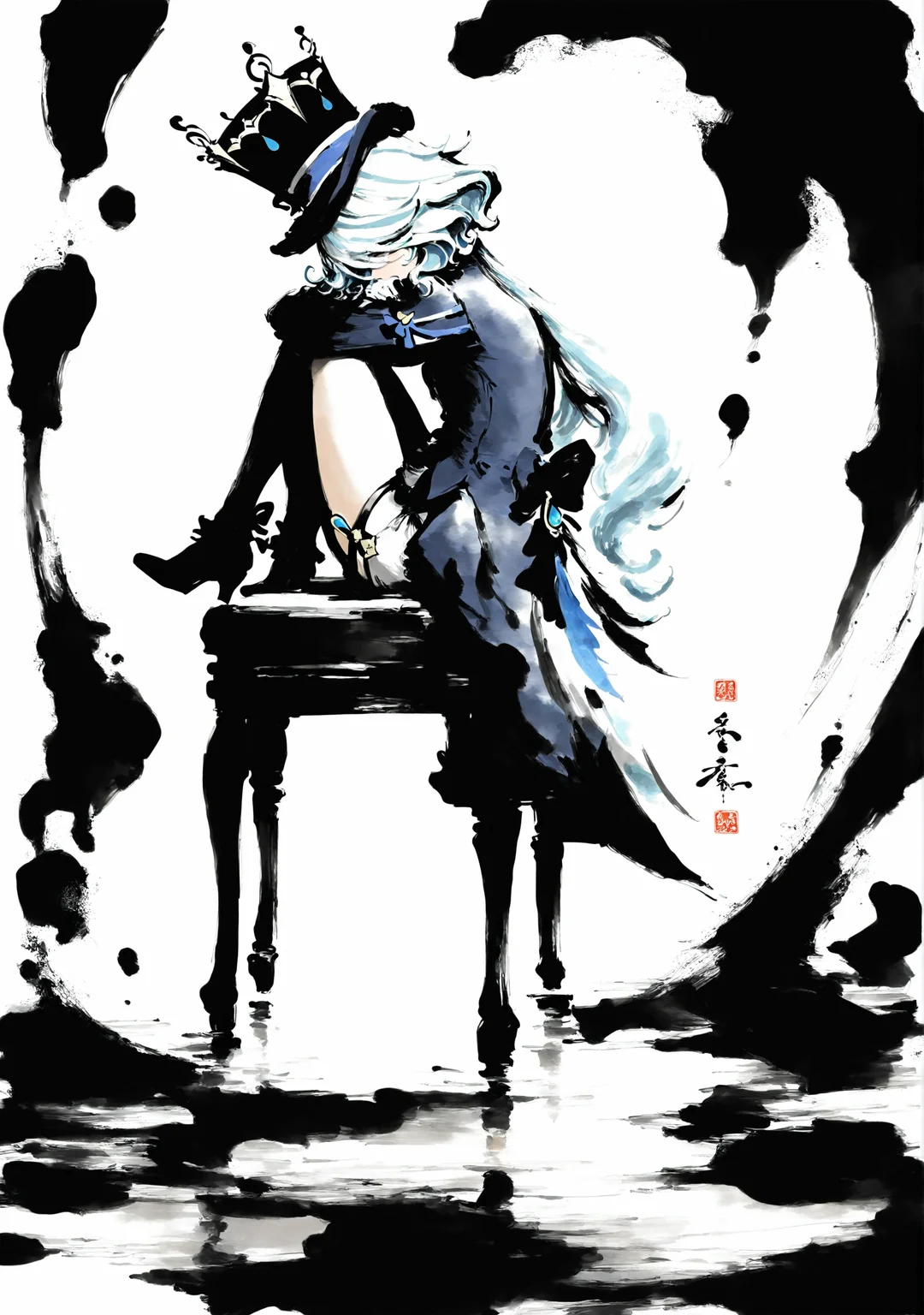 masterpiece,best quality,<lora:yi-noob:1>,ink wash painting,
1girl,sitting,chair,sad,furina \(genshin impact\),top hat,water,simple background,white background,