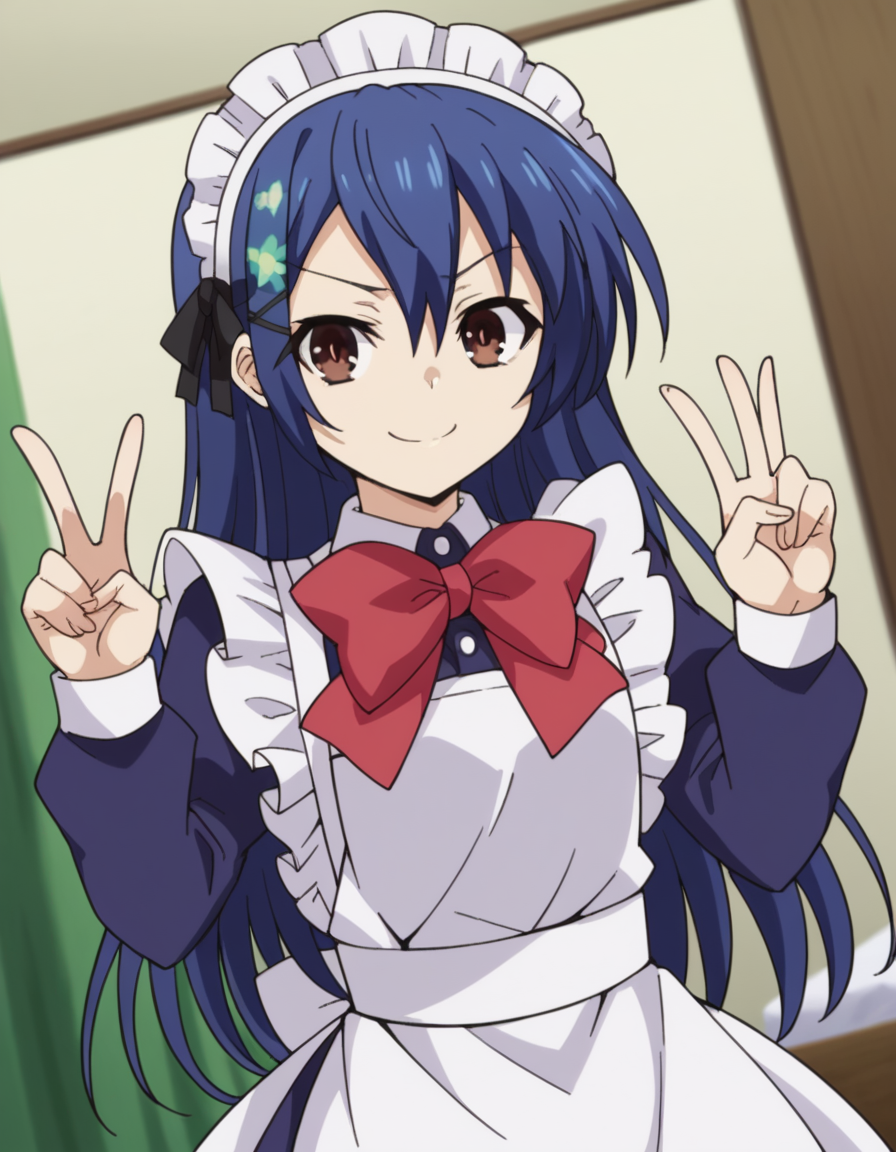 score_9, score_8_up, score_7_up, source_anime, <lora:shiori-itsuka-s2-ponyxl-lora-nochekaiser:1>, shiori itsuka, long hair, hair ornament, brown eyes, blue hair, hairclip, otoko no ko,, long sleeves, dress, bow, frills, bowtie, apron, red bow, maid, maid headdress, crossdressing, enmaided, hotel, rooms, lobby, guests, beds, smile, v, v over mouth, smug,, looking at viewer, solo,, dutch angle, cowboy shot