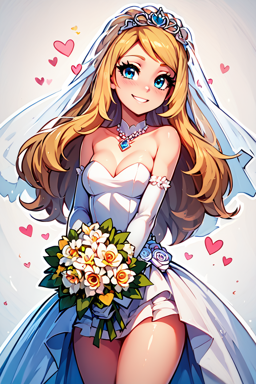 score_9, score_8_up, score_8, medium breasts, (curvy), cute, eyelashes,       BREAK, , zzSerena, solo, long hair, blue eyes,<lora:SerenaPokemon_PDXL_r1:0.7>, , BREAK, smile, looking at viewer,  bride, wedding dress, bridal veil, strapless dress, elbow gloves,  holding bouquet,  hearts, white outline, cowboy shot, embedding:zPDXL, Expressiveh, <lora:CatalystStylePDXL:0.6>,  <lora:SDXLFaeTastic2400:0.5>,  <lora:Expressive_H-000001:0.4>,