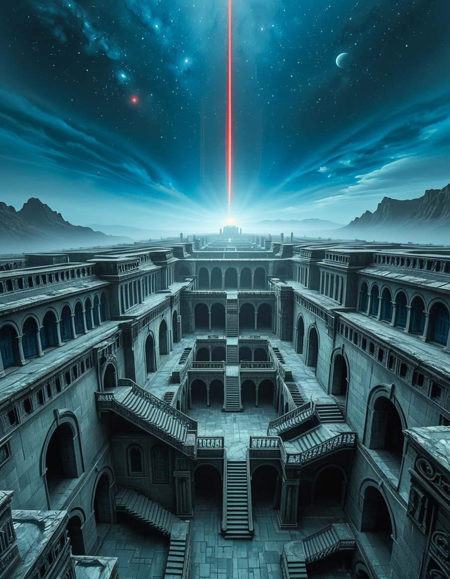 A vast, nightmarish labyrinth stretching endlessly into the horizon, its architecture a fusion of brutalist and gothic styles. The towering stone walls are cold, weathered, and adorned with eerie, ancient carvings. Deep chasms divide the labyrinth, revealing endless layers of arches and staircases that descend into an abyss of darkness. The atmosphere is thick with an unsettling silence, broken only by distant whispers and echoes of unseen entities.
A strange, ominous red beam pierces the sky from a distant point at the horizon, casting an eerie glow over the surreal landscape. The sky above is an unnatural, deep blue, devoid of stars, shrouded in a thick, ominous haze. Shadows stretch unnaturally long, twisting and shifting as if alive.
The entire scene evokes a sense of isolation and dread, as if trapped in an inescapable nightmare. The labyrinthâs geometry seems almost impossible, defying logic with staircases leading to nowhere and corridors looping endlessly. A place where time feels distorted, and reality itself is uncertain.
Style & Mood:
    Dark surrealism, Lovecraftian horror
    Cinematic, high-detail, eerie lighting
    Atmospheric perspective, emphasizing scale and depth
    Inspired by the works of ZdzisÅaw BeksiÅski and H.R. Giger
<lora:SDXLFaeTastic2400:0.4> <lora:extremely_detailed:0.4> extremely detailed, <lora:nightmarish_l4byr1nth:1>,nightmarish l4byr1nth, Masterpiece,best quality,hi res,8k,hi res,8k,award winning,(sharp focus, intricate, highly detailed),