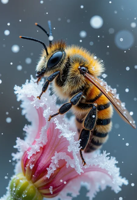 Capture a dramatic macro photograph of a bee perched on a frosty flower during a snowfall. The bee’s fuzzy body is coated with tiny, delicate snowflakes and glistening ice crystals, each displaying intricate and unique patterns against its golden and black stripes. Its partially frozen wings catch the diffused, cool light, creating faint reflections, while the fine hairs and segmented legs gripping the icy flower are sharply defined. Snowflakes are captured mid-air, tumbling gently, with a few settled on the petals and the bee, adding to the wintry ambiance.
The flower, lightly encased in frost, reveals vibrant hints of its natural color beneath the icy coating, with fine veins and textures visible under the soft lighting. The background is softly blurred, fading into muted whites and pale blues to evoke a serene, snowy setting. The lighting is diffused and cold, enhancing the frosty textures and casting gentle highlights on the snowflakes and ice. This composition captures the resilience and delicate beauty of the bee amidst the tranquil yet harsh winter landscape, blending vibrant detail with the stillness of a snow-covered scene.