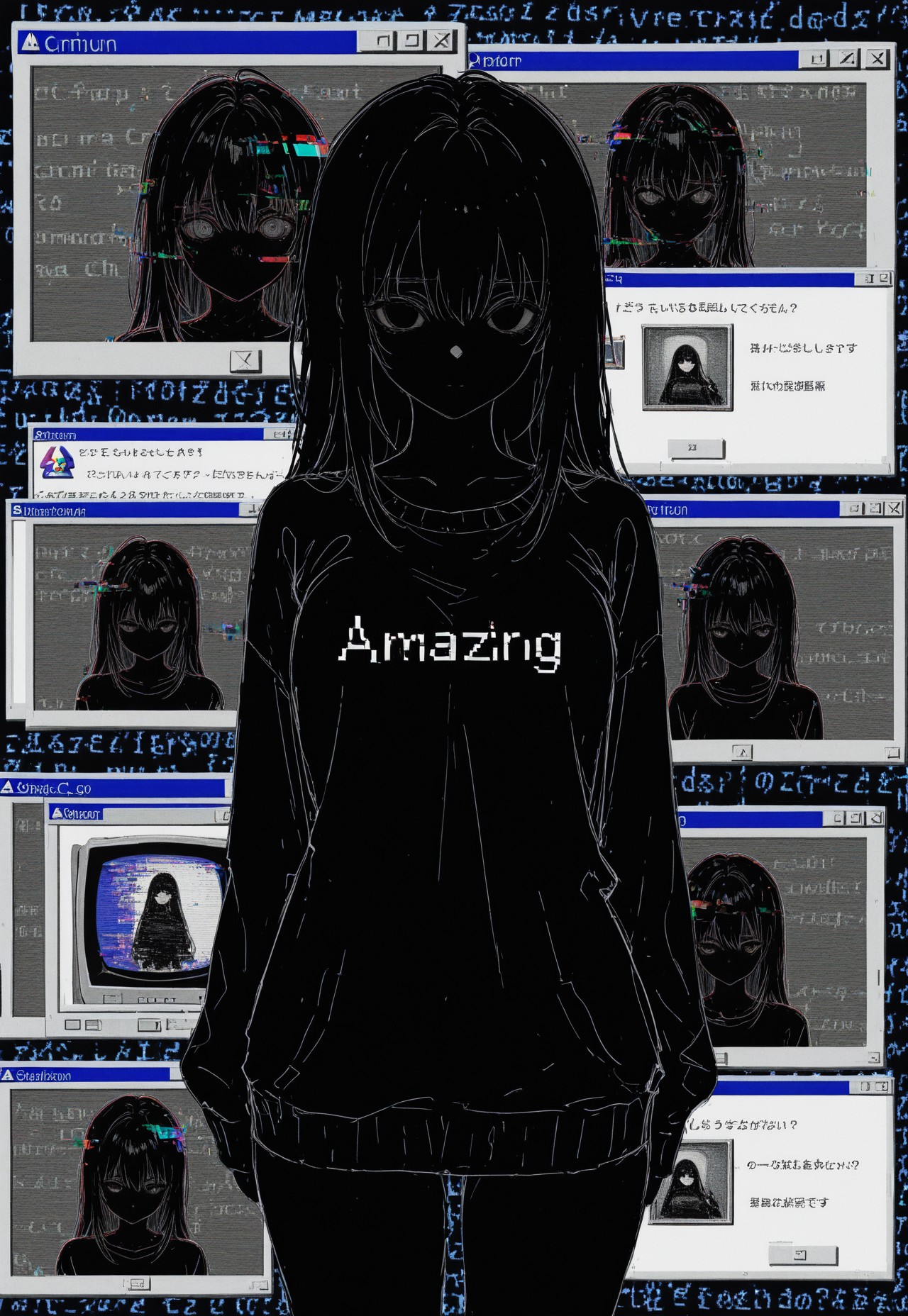 webcglc98a, sketch, 1girl, window \(computing\), text background, glitch, crt, collage, 
amazing quality, best quality, masterpiece, very aesthetic,