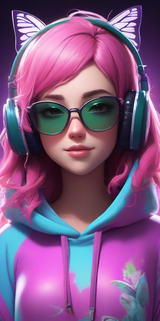 Masterpice,High Quality,portrait,3d,3d animation,
 <lora:PE_ButterflyLady:0.7> PEButterflyLady, 
wearing a hoodie,headphones,sunglasses,