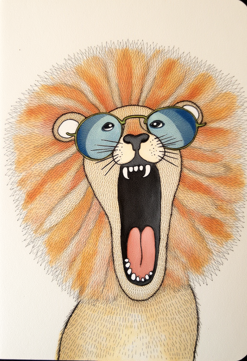 felt pen and watercolor drawing on a kraft cardboard notebook, a lion with sunglasses yawning, margeougreve,