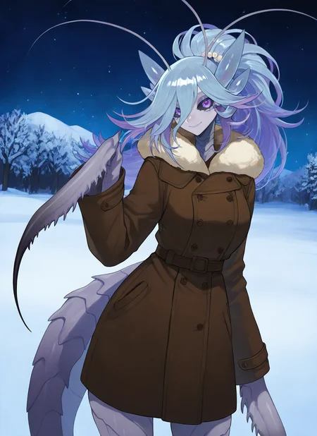 artist:, masterpiece, best quality, newest, very awa, absurdres, highres, mnts, 1girl, black carapace, black schlera, violet eyes, blue hair, Bubble Ponytail with Pearl pin hair, smile, brown winter coat, looking at viewer, night, stars, winter, street, snow, wind, detailed, <lora:SDXL\Illustrous\Concept\Mantis_girl_concept:1.0>
