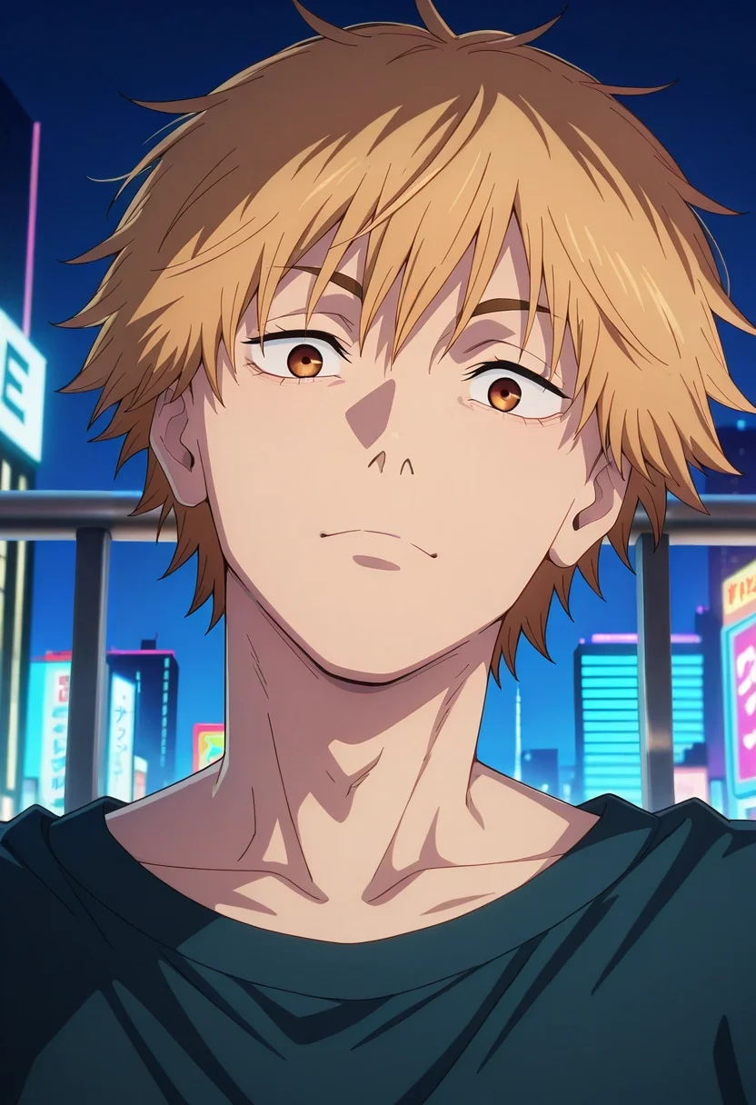 masterpiece, best quality, , anime screencap, , official style, looking at viewer, 1boy, solo, male focus, <lora:denji_chainsaw_man_ilxl:0.92>, denji_chainsaw_man, blonde hair, brown eyes, short hair, bangs, , neon plaza, light fountains, holo-trees, rest areas, relaxing pose, content expression, night,