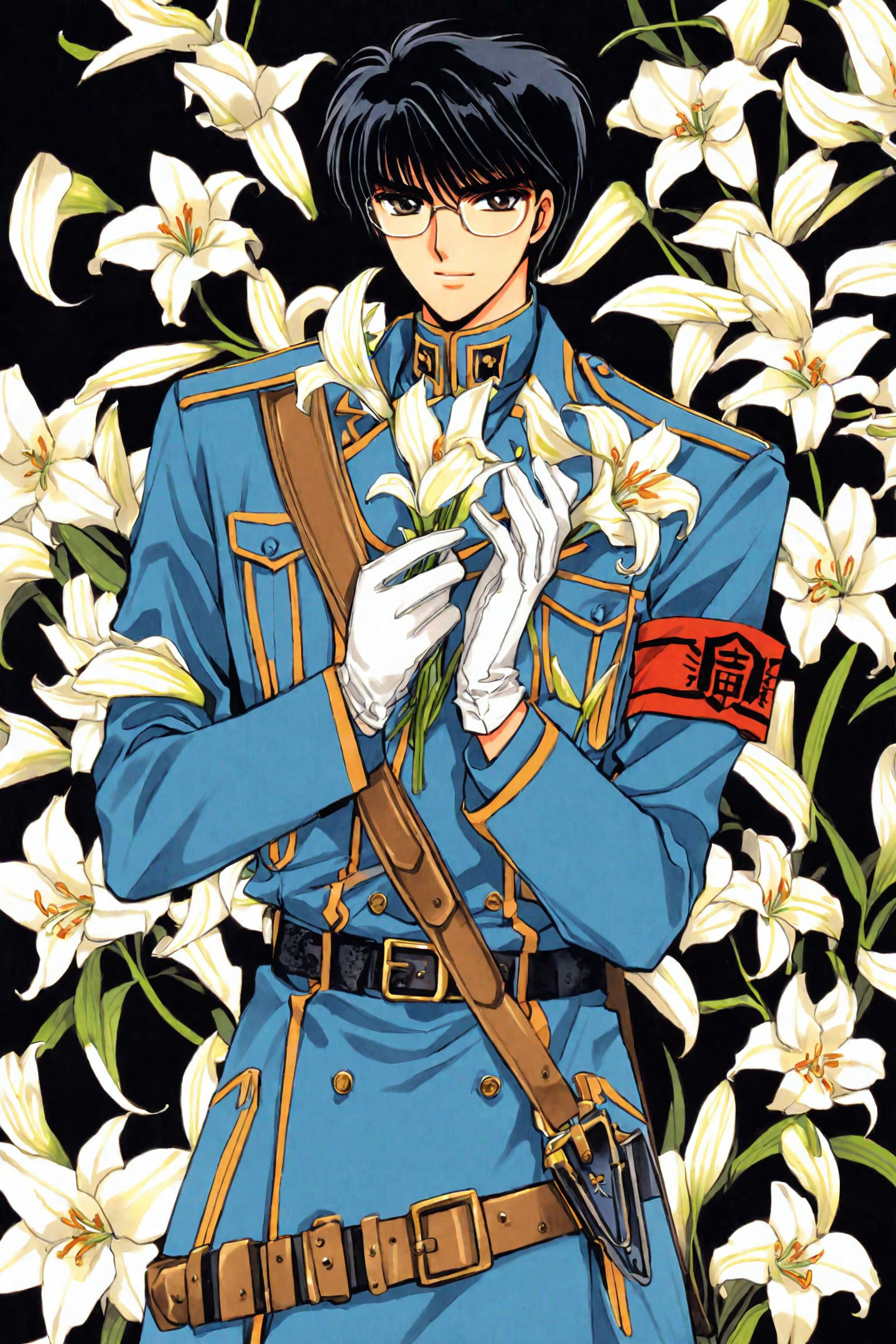 Tokyo Babylon,
Seishiro Sakurazuka,solo,1boy,male focus,flower,gloves,black hair,uniform,white flower,white gloves,holding,glasses,belt,holding flower,standing,long sleeves,pillarboxed,blue background,military,armband,military uniform,bangs,looking at viewer,lily (flower),coat,short hair,black background,blue coat,feet out of frame,
<lora:CLAMP_XL:0.8>,