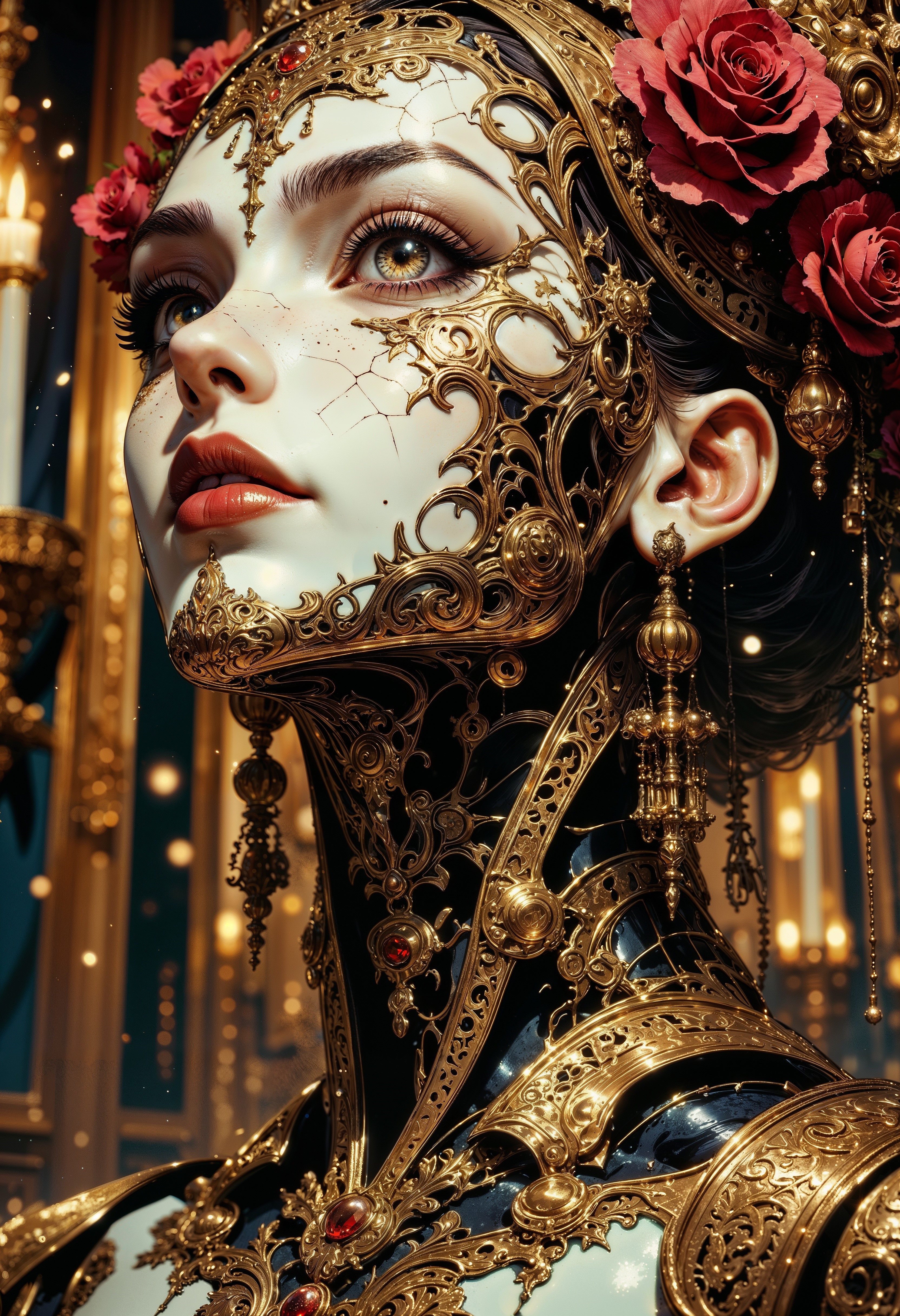 A close-up of an uncanny automaton with a porcelain face, cracked in places to reveal the intricate golden clockwork beneath. Her glassy, lifelike eyes reflect the flickering candlelight of the opulent chamber around her, filled with towering mirrors and ornate velvet drapery. Delicate, golden filigree patterns swirl across her cheeks and down her neck, blending seamlessly into the lace-like metal plating of her collar. Her lips, painted a deep, metallic crimson, curl into a delicate but unsettling smile. Fine golden threads extend from her wrists and shoulders, disappearing into the darkness above, as if unseen hands still control her movements. The faint ticking of unseen gears resonates through the heavy silence, each sound a reminder that she is something caught between life and machine. <lora:RetroAnimeFluxV1:0.5> <lora:Comic book V2:0.6> <lora:FluxMythG0thicL1nes:0.6>  <lora:Elden_Ring_-_Yoshitaka_Amano:0.6>