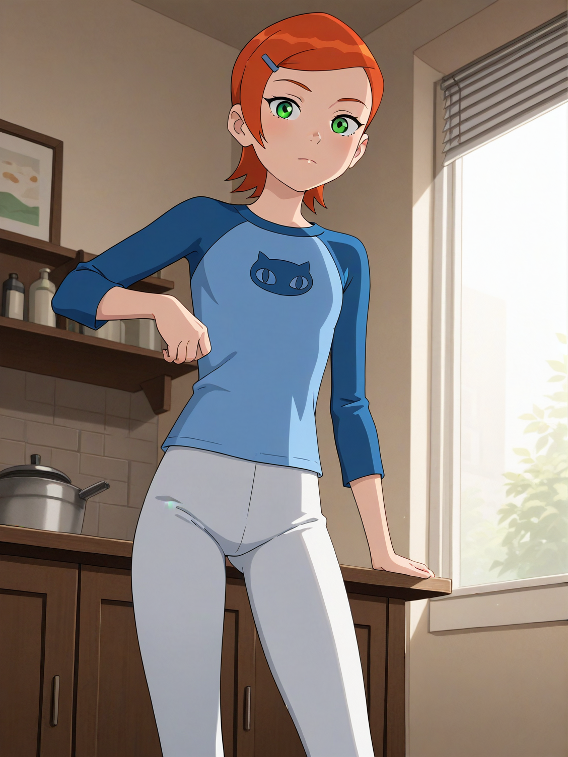 (blue shirt raglan sleeves cat print white pants:1.50),
b10-gwen, red hair, short hair, green eyes, hairclip, 
1girl, (solo:1.20), skinny,
(masterpiece, best quality, amazing quality, absurdres, high quality, highres, masterpiece), 
,
,
(:1.40), 
BREAK,
indoors,
,
(),
,
<lora:b10-gwen-V02-illXL:0.70>