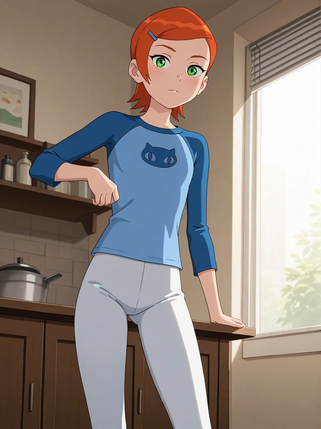 (blue shirt raglan sleeves cat print white pants:1.50),
b10-gwen, red hair, short hair, green eyes, hairclip,
1girl, (solo:1.20), skinny,
(masterpiece, best quality, amazing quality, absurdres, high quality, highres, masterpiece),
,
,
(:1.40),
BREAK,
indoors,
,
(),
,
<lora:b10-gwen-V02-illXL:0.70>